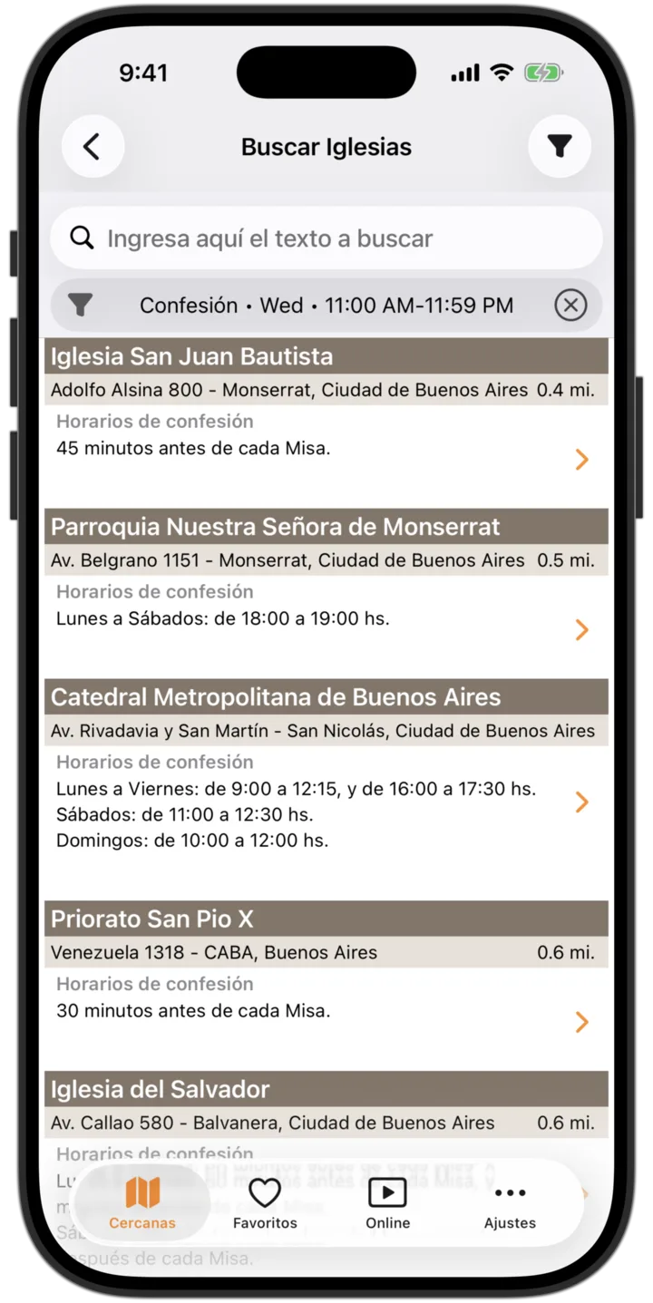 Horarios de Misa app - Lista de iglesias católicas más cercanas
