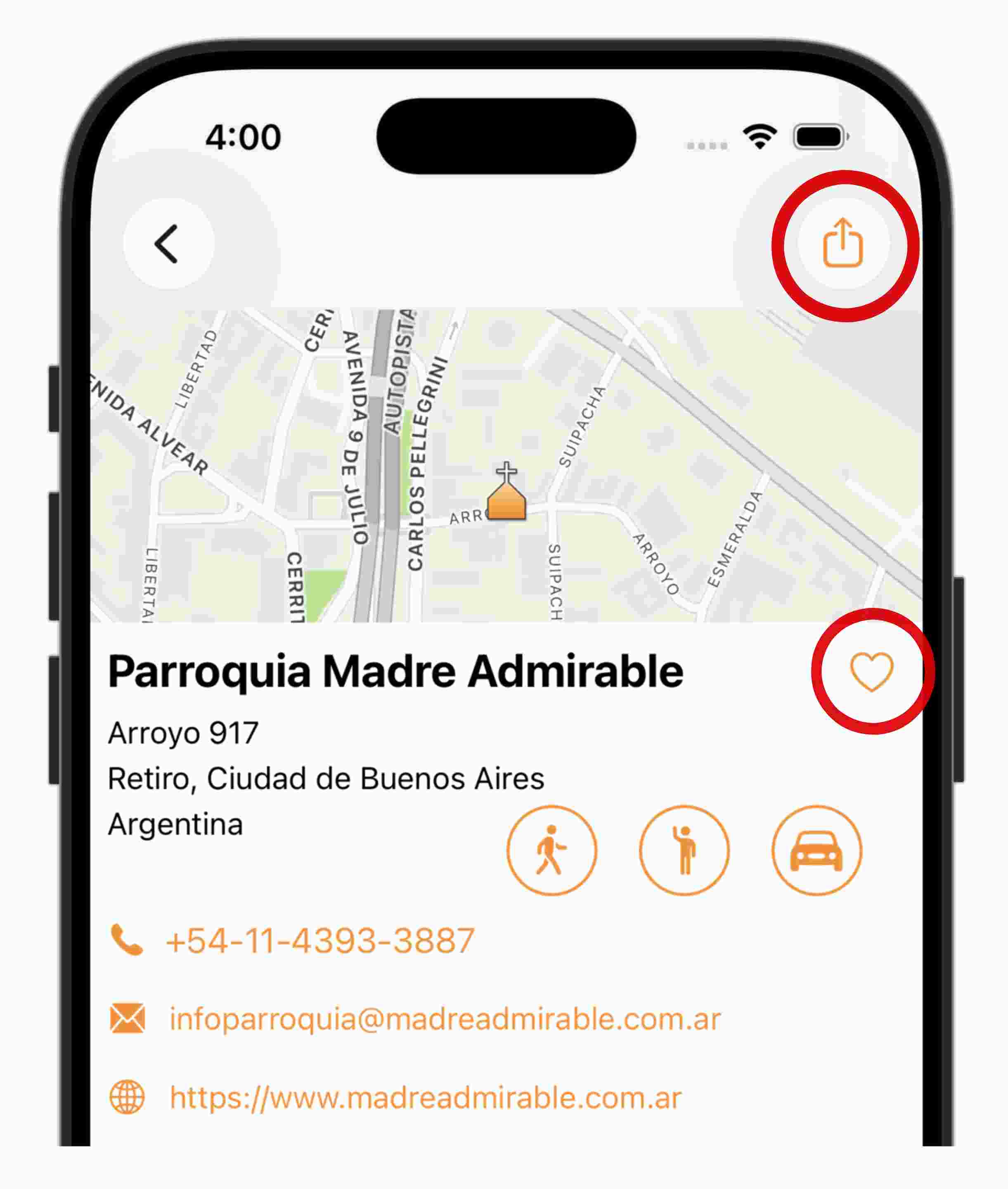 Compartir y guardar iglesia - App Horarios de Misa - Horarios de Misa