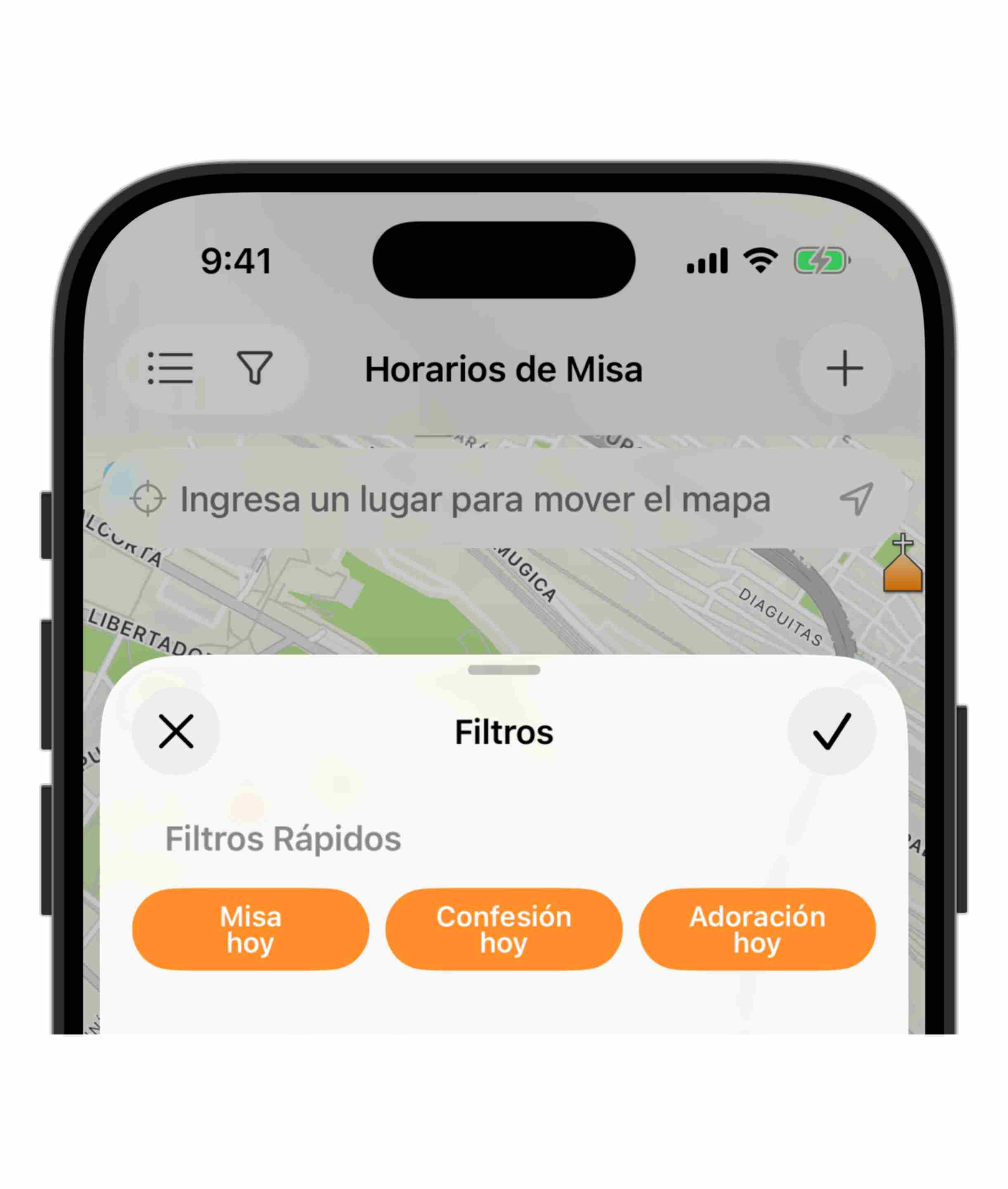 Filtro Rápidos App Horarios de Misa - Iglesias Cercanas a mi Ubicación - Horarios de Misa